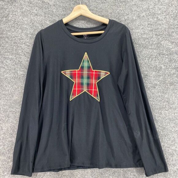 New Cato T-Shirt Women M Medium Black Plaid Long Sleeve Round Neck Pullover - Picture 3 of 10